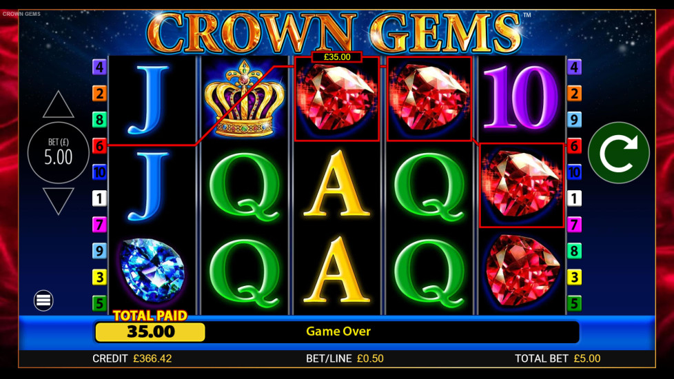 Crown Gems slot showing a big win with multiple stacked symbols aligned across several paylines