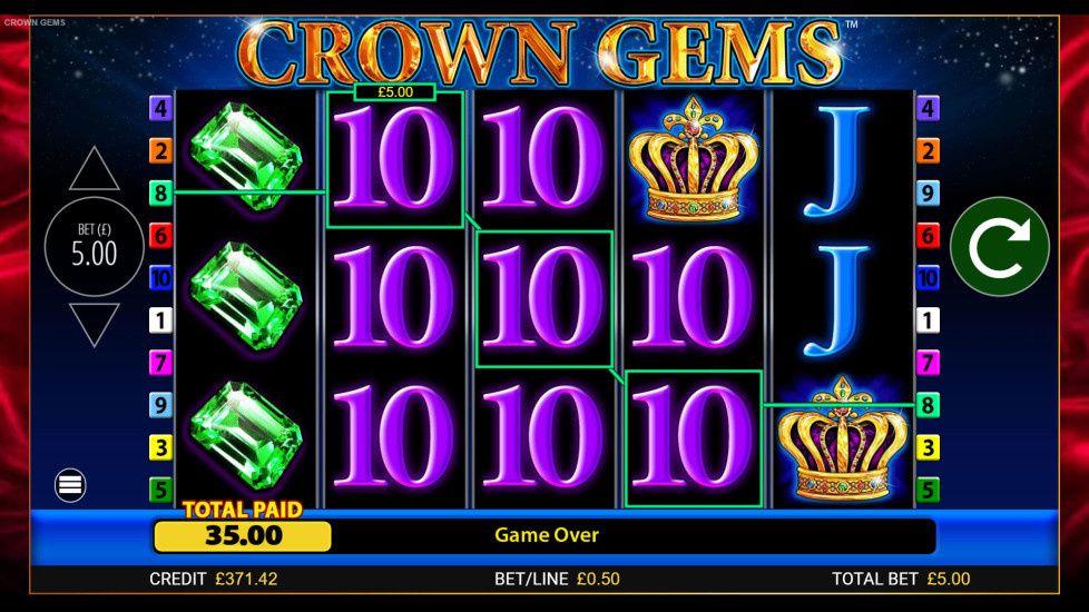 Crown Gems slot showing a near full-screen win with stacked crown and gem symbols across the grid
