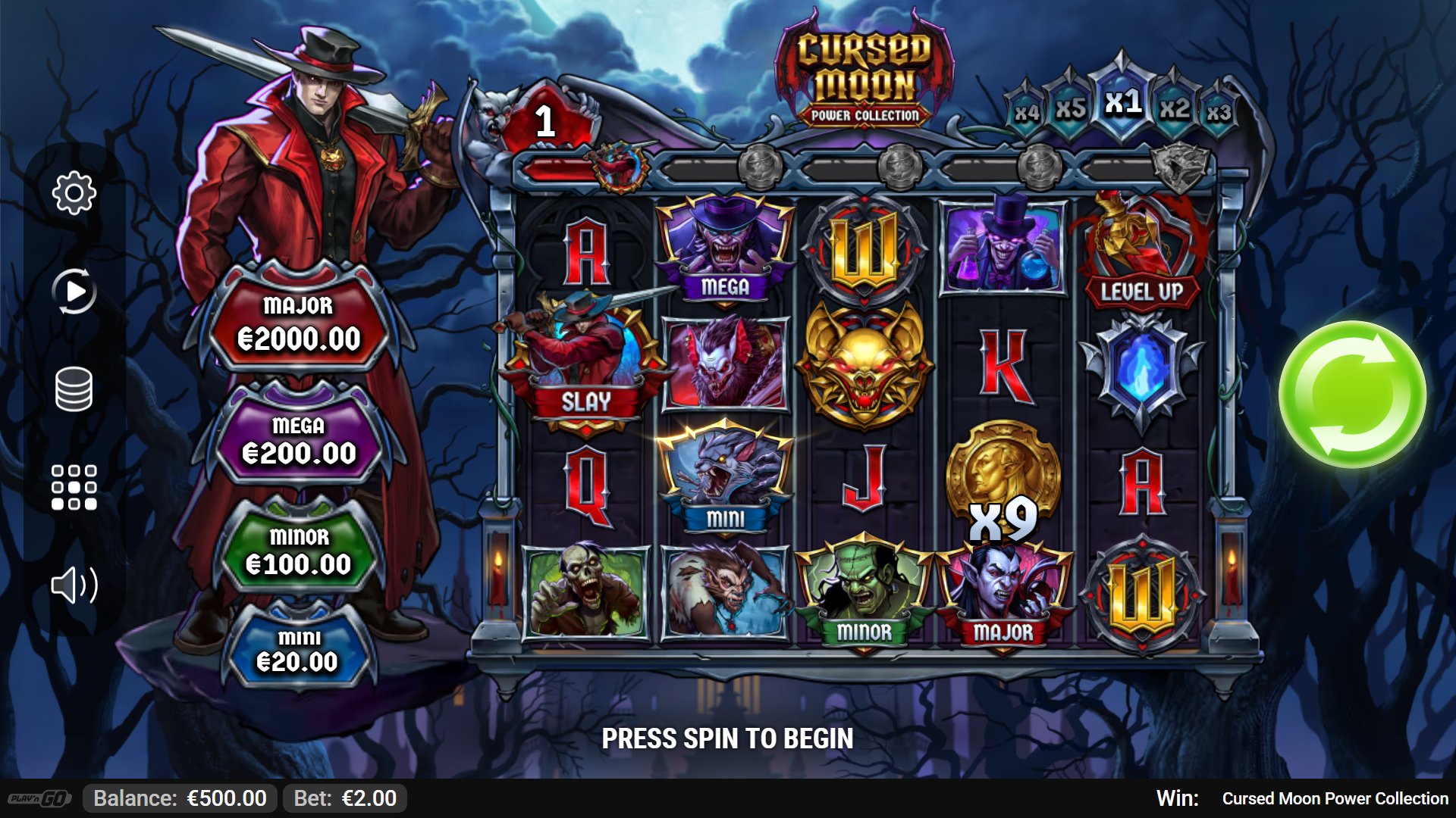 Cursed Moon Power Collection mobile layout showing the coin collection meter, multiplier ladder and reel grid mid-spin