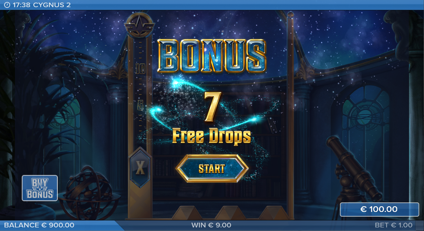 Cygnus 2 Bonus trigger screen awarding 7 Free Drops