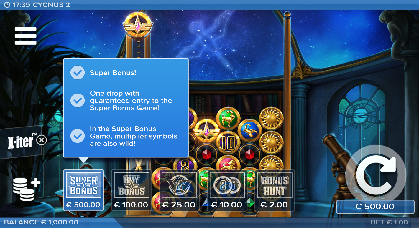 Cygnus 2 X-iter menu displaying ELK's bonus-buy price tiers, from Bonus Hunt to Super Bonus
