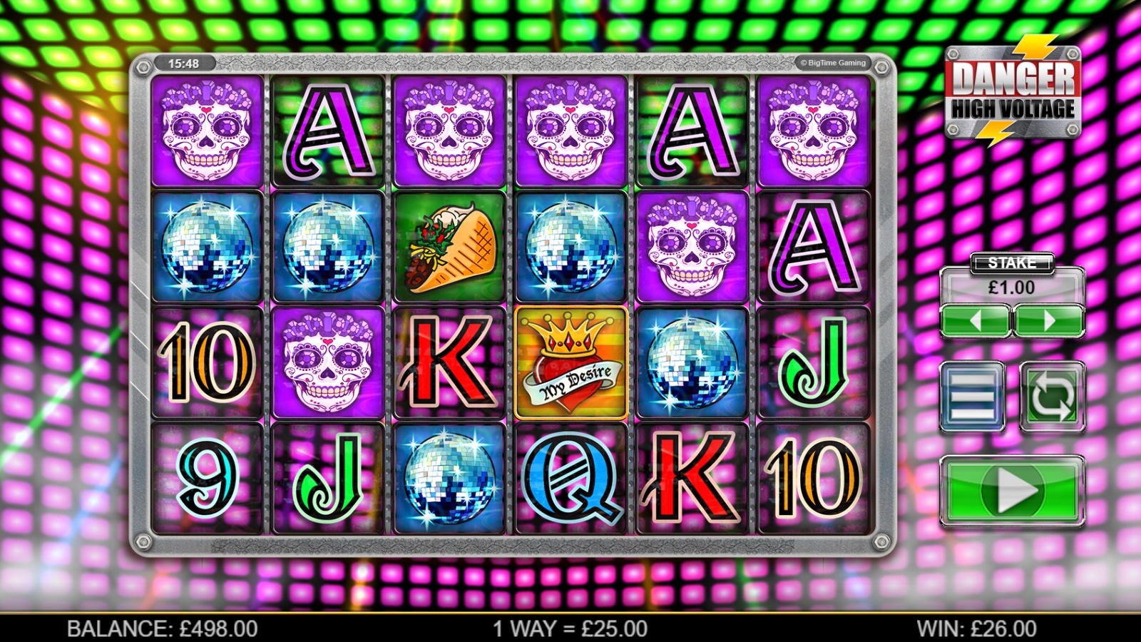 Danger High Voltage slot base game showing a big win with disco ball and sugar skull symbols across the Ways grid