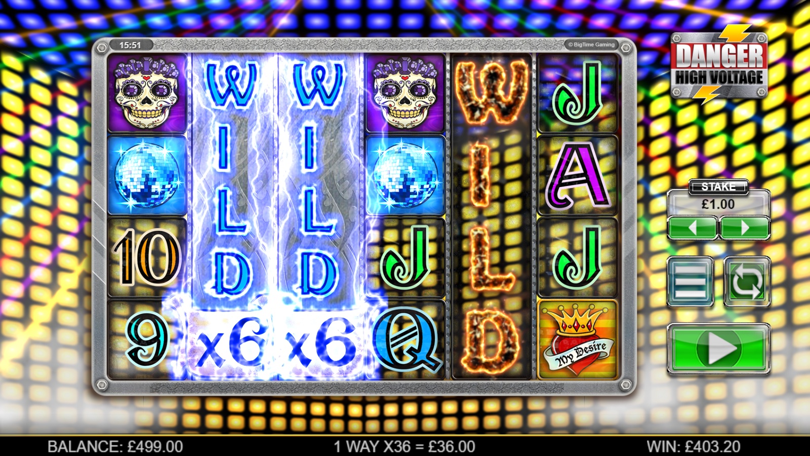 Danger High Voltage slot showing a wild feature triggering with multiple wild symbols across the reels