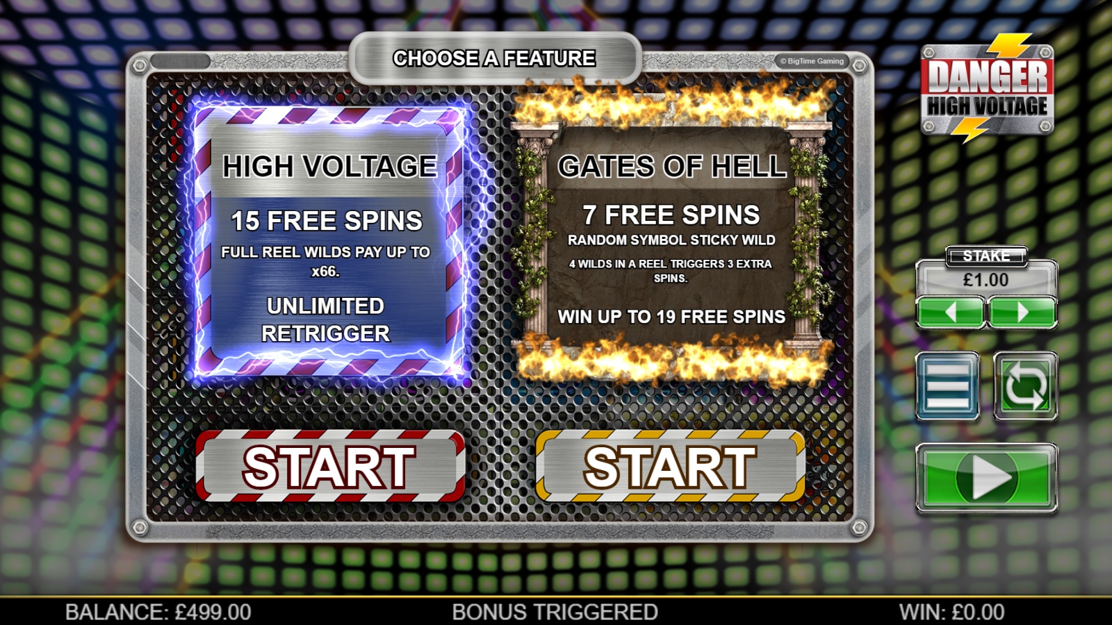 Danger High Voltage slot Gates of Hell Free Spins feature intro screen with fire reel and sticky symbol selection