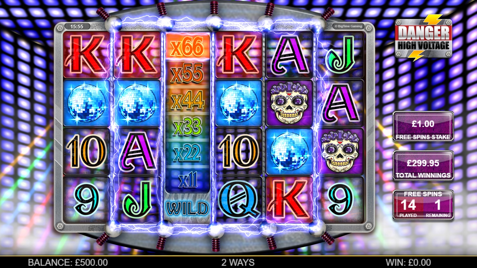 Danger High Voltage slot High Voltage Free Spins feature showing a multiplier ladder from x1 to x66 with full reel wilds