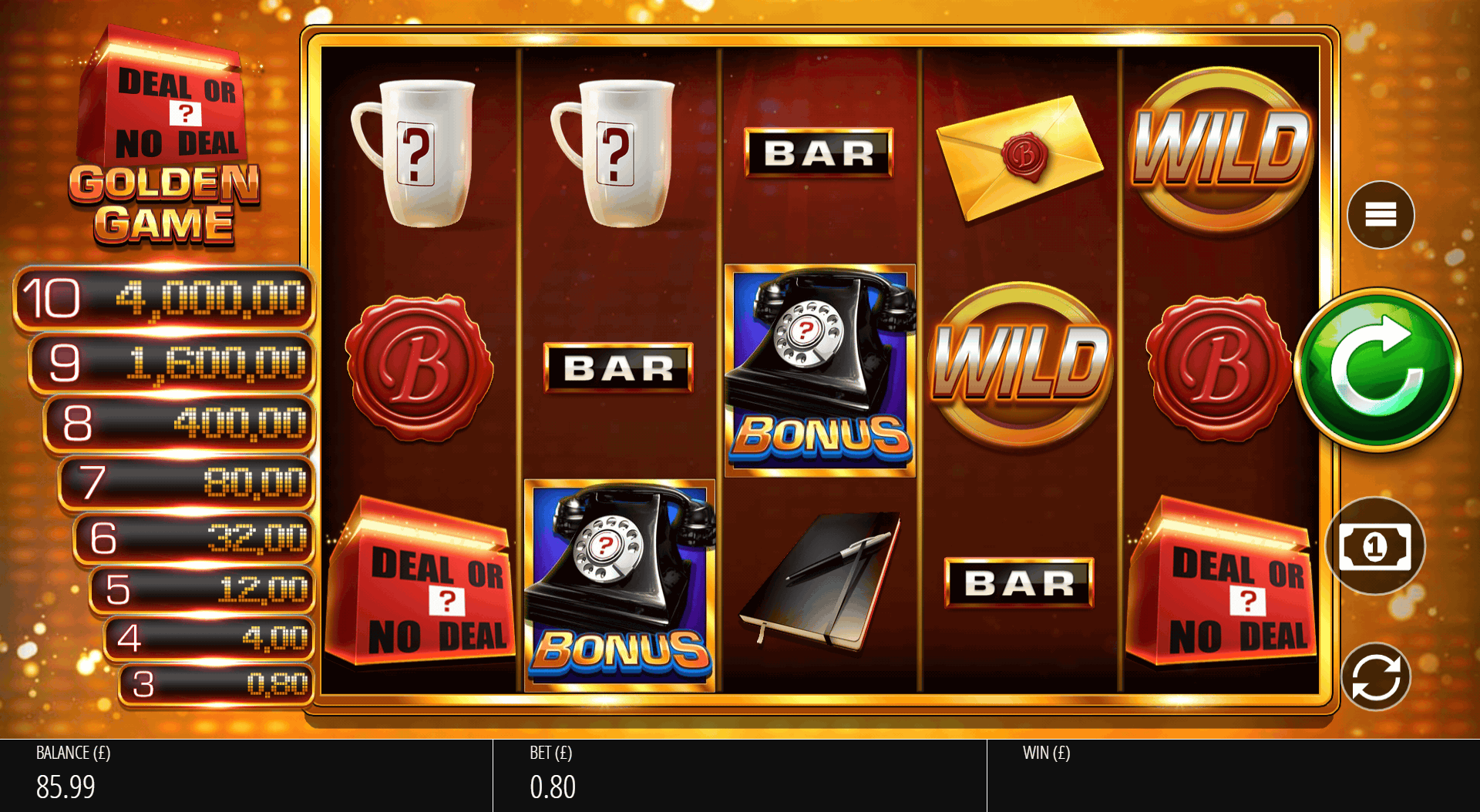 Deal or No Deal Golden Game base game reels showing question mark mugs, BAR symbols, a gold envelope and a WILD ring symbol