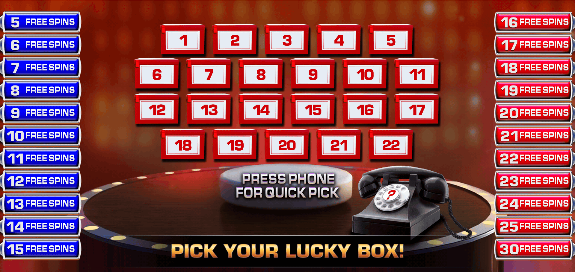 Deal or No Deal Golden Game Pick Your Lucky Box free spins trail showing numbered red boxes offering between 5 and 30 free spins