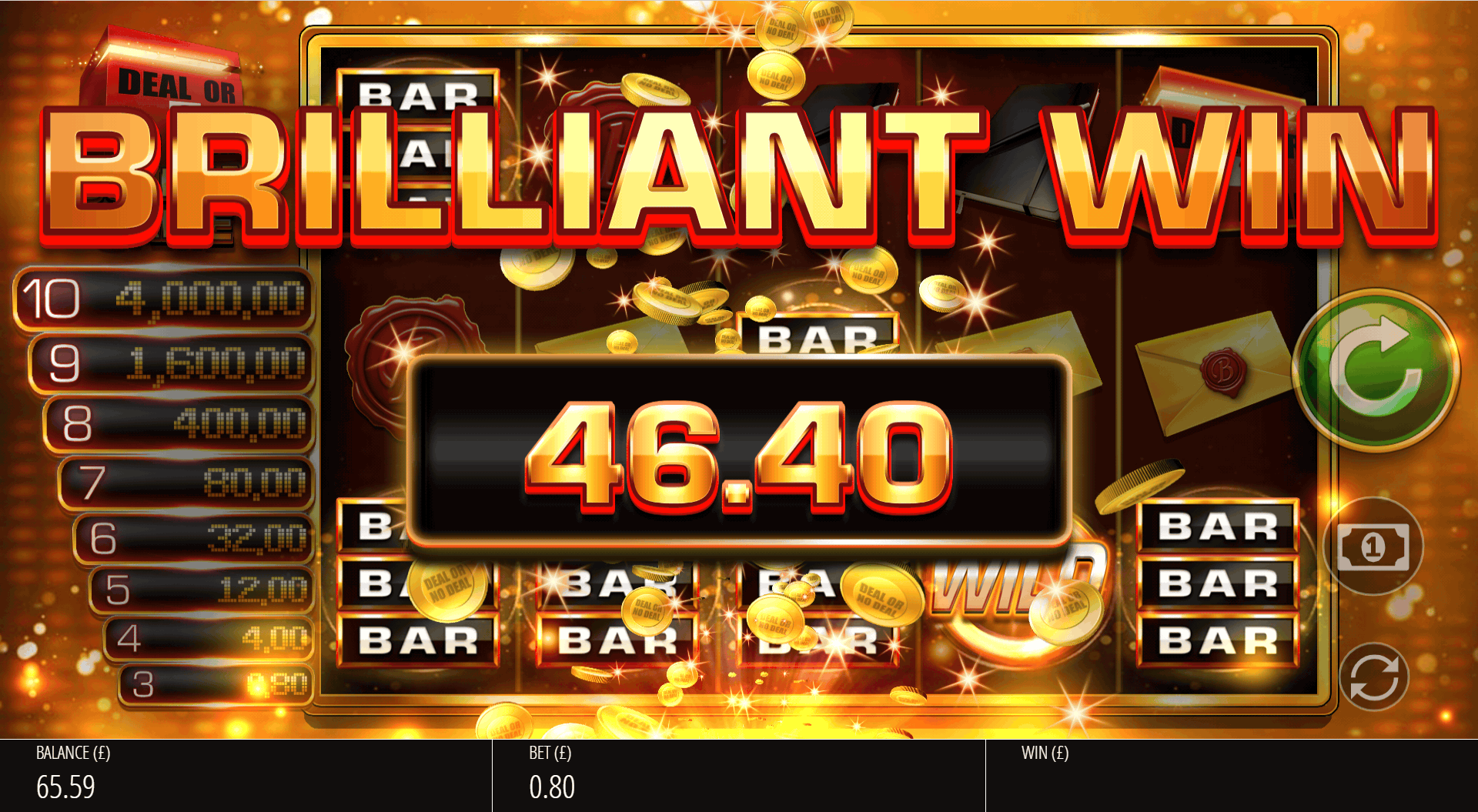 Deal or No Deal Golden Game Brilliant Win celebration screen with gold coins falling across the reels