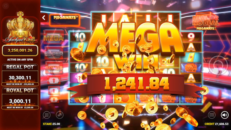 Deal or No Deal Megaways slot showing a cascading win with box symbols clearing from the grid