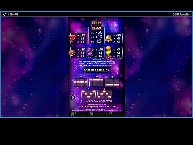 Deal or No Deal: The Perfect Play paytable screen showing symbol payouts and winline diagrams for the 5 paylines