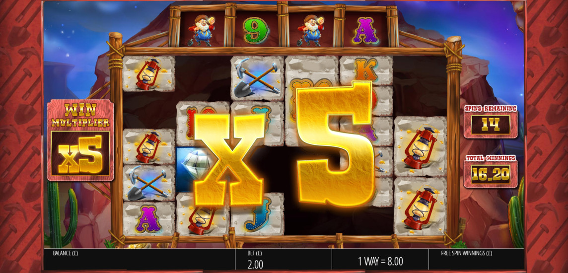 Diamond Mine Megaways slot base game showing a large cascading win across the Megaways grid