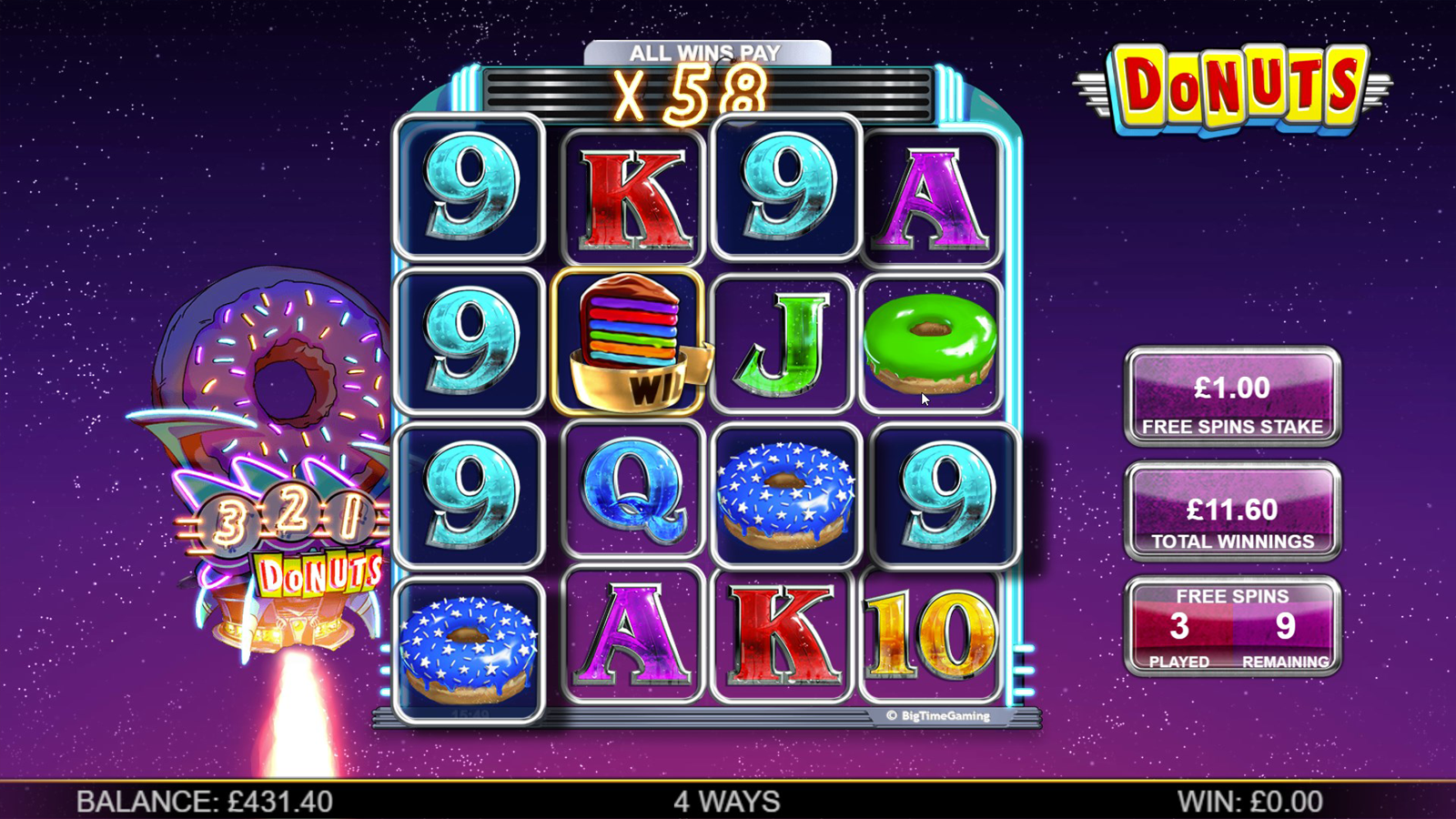 Donuts slot Free Spins feature showing Upfront Multipliers applied before the round begins