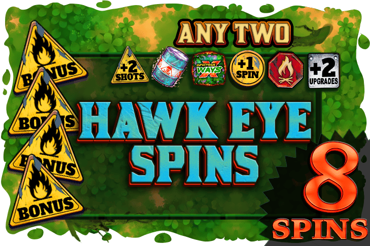 Hawk Eye Spins bonus round intro screen showing 8 awarded spins