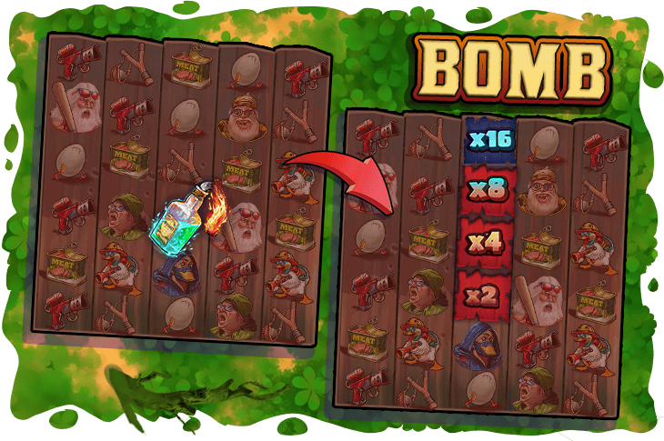 Duck Hunters 2 Bomb symbol detonating and adding position multipliers to the reel grid
