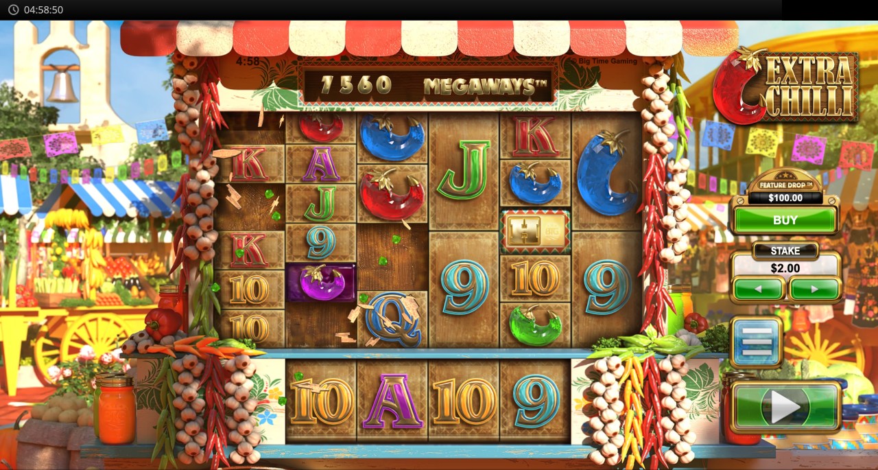 Extra Chilli Megaways screenshot showing a Dual Reactions cascade in progress with the Megaways counter reading 7,560