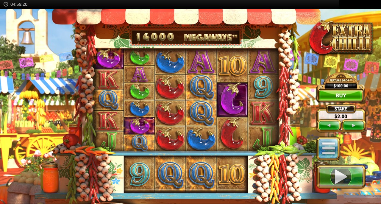 Extra Chilli Megaways screenshot showing a tall reel spin with the Megaways counter reading 14,000 and a dense grid of card and chilli symbols