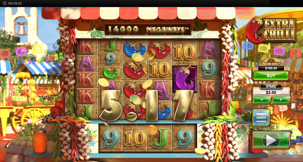 Extra Chilli Megaways screenshot showing a win celebration with a large win multiplier number and coin cascade animation over the reels