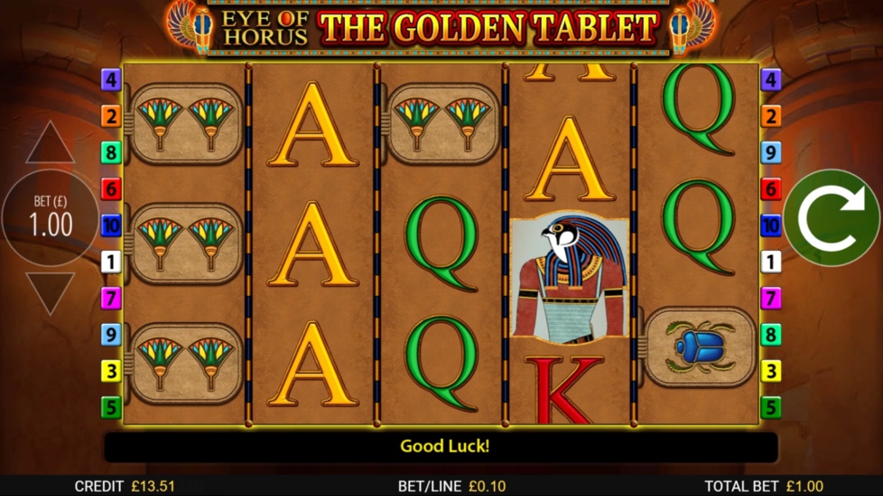 Eye of Horus The Golden Tablet base game reels showing card symbols and the Horus wild