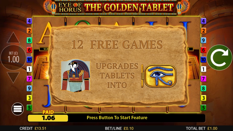 Eye of Horus The Golden Tablet free games intro screen showing 12 free games and the tablet upgrade explainer