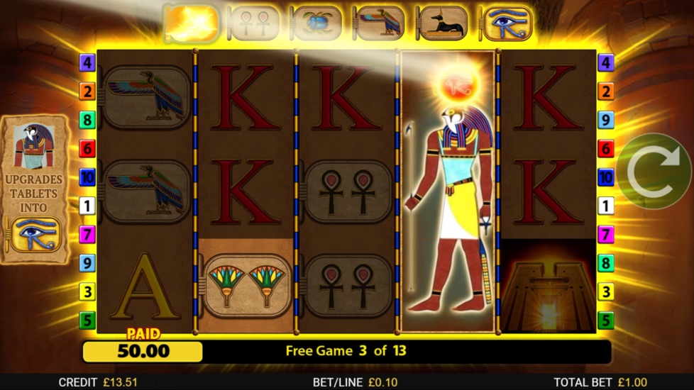 Eye of Horus The Golden Tablet free spins round with an expanding Horus wild and upgraded tablet symbols visible