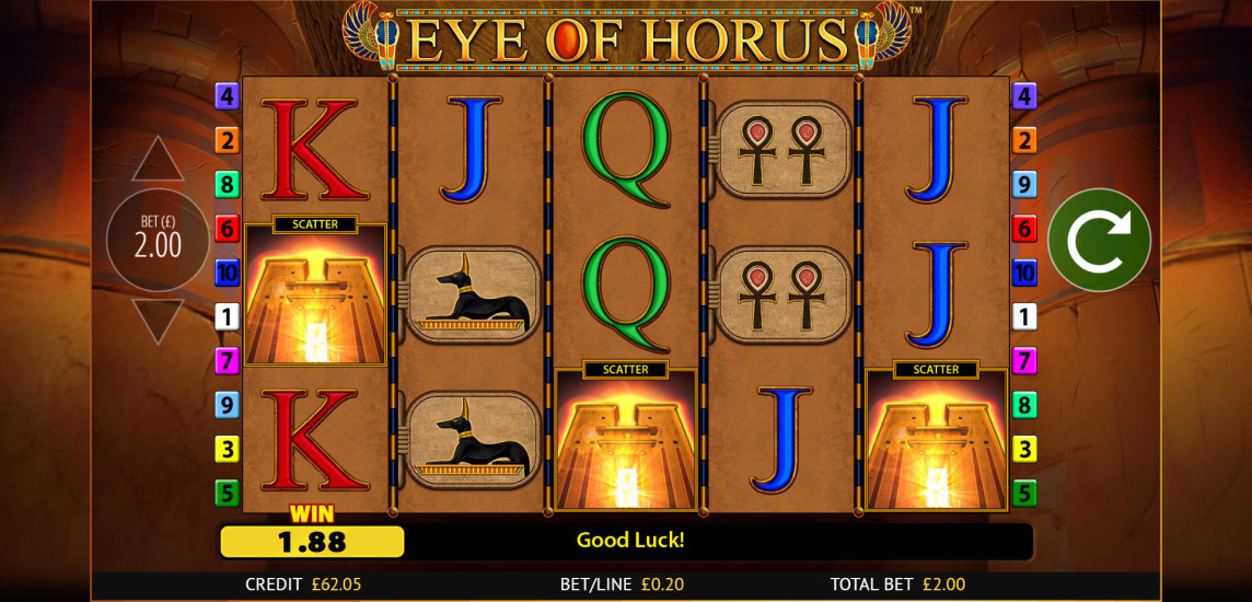 Eye of Horus slot reels showing an expanding wild symbol stacked across a reel during a winning combination
