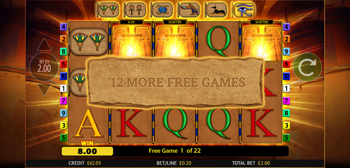 Eye of Horus slot Free Games bonus round showing upgraded high-value Egyptian symbols across the reels