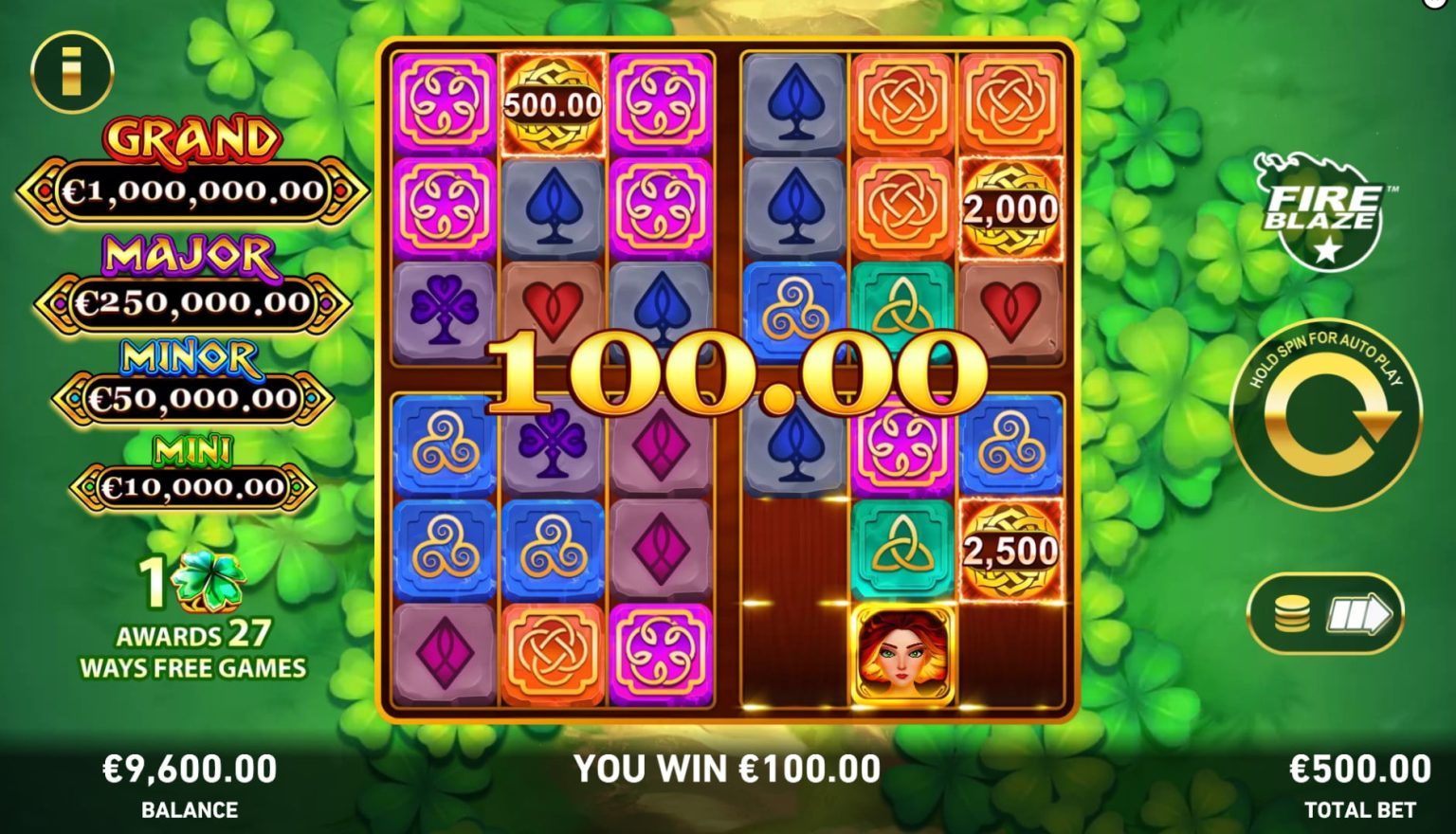 Fire Blaze Quattro Celtic Charm free spins trigger showing one grid awarding 27 ways free games