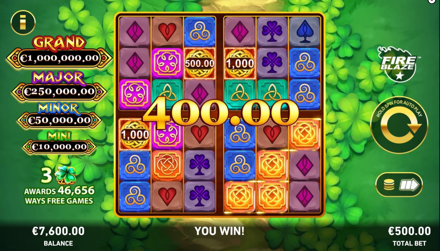 Fire Blaze Quattro Celtic Charm showing three grids merged to award 46,656 ways free games
