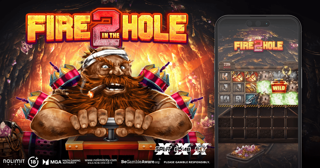 Fire in the Hole 2 key art showing the dwarf character gripping a detonator, next to a mobile screenshot of the reels