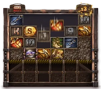 Close-up of the Fire in the Hole 2 base game reels showing mining-themed symbols and the xSplit icon
