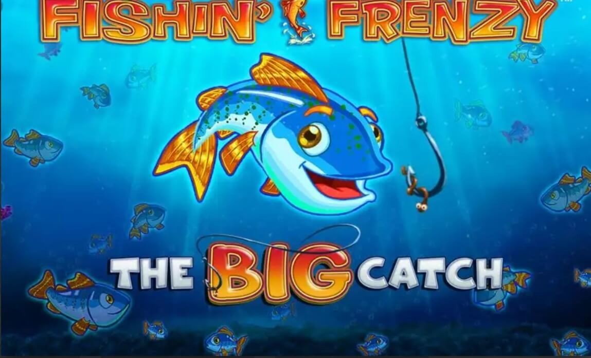 Fishin' Frenzy The Big Catch official key art showing the series' cartoon fish mascot swimming toward a baited hook, underwater