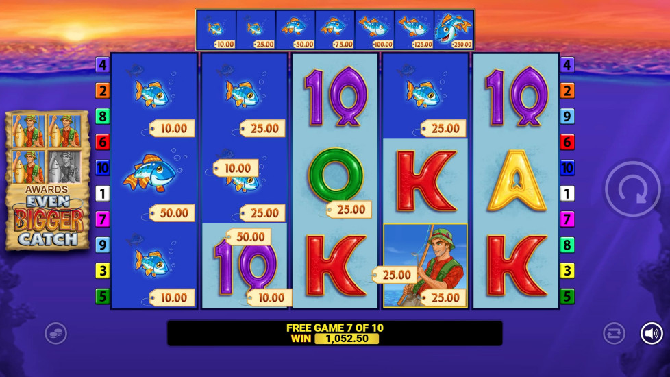 Fishin' Frenzy Even Bigger Catch base game reels showing fish symbols and card royals against a sunset sea backdrop