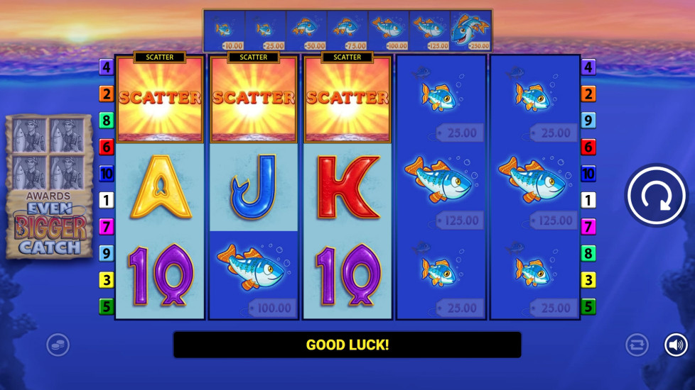 Fishin' Frenzy Even Bigger Catch scatter boat symbols triggering the free spins bonus round