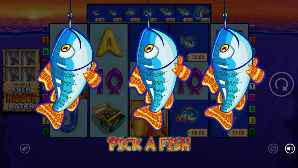 Fishin' Frenzy Even Bigger Catch Pick A Fish bonus screen with three glowing fish to choose from