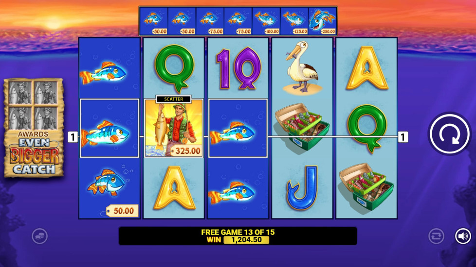 Fishin' Frenzy Even Bigger Catch free spins round showing a high-value fish collect win during free game 13 of 15