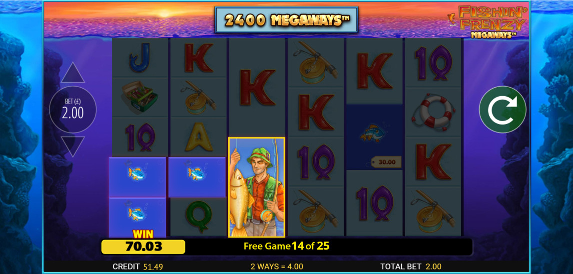 Fishin' Frenzy Megaways base game reels showing fish symbols, playing card royals and the ways counter above a European fishing harbour backdrop
