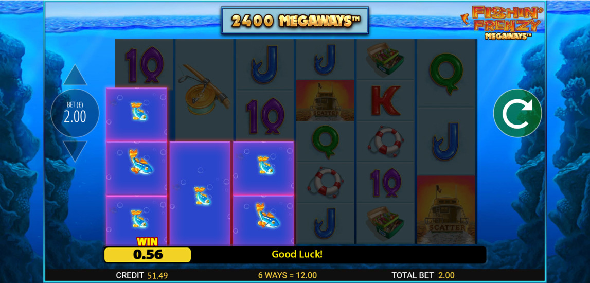 Fishin' Frenzy Megaways base game showing a win with fish symbols and playing card royals across the variable-height Megaways grid