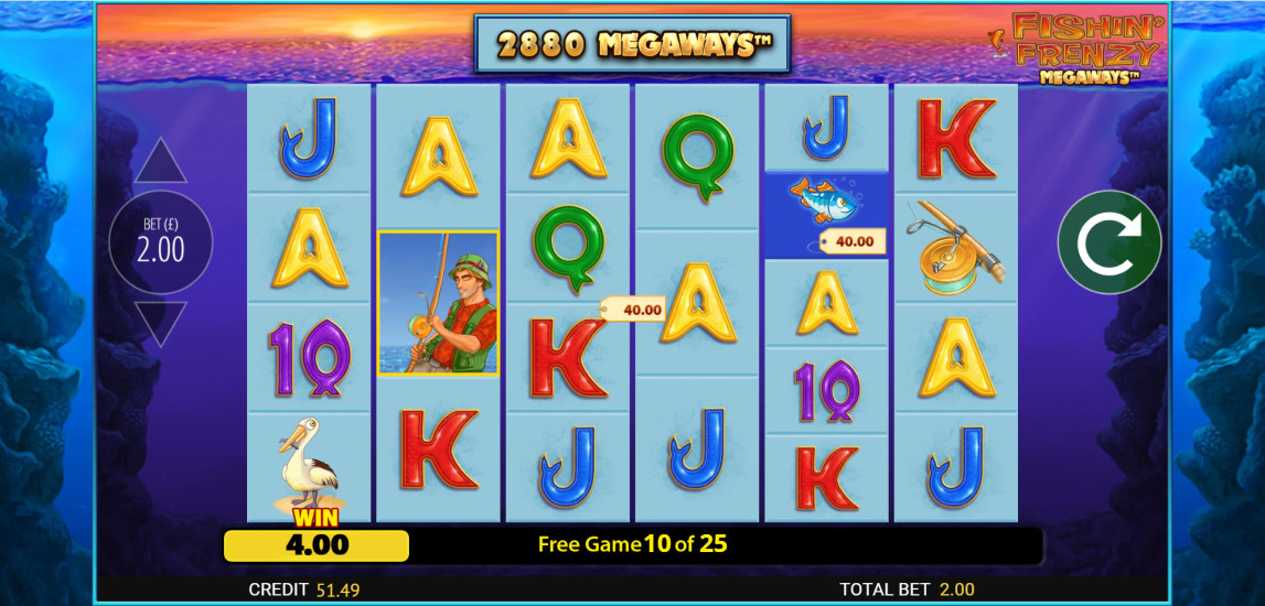 Fishin' Frenzy Megaways Free Games feature showing a Fisherman symbol catching a fish with a value tag