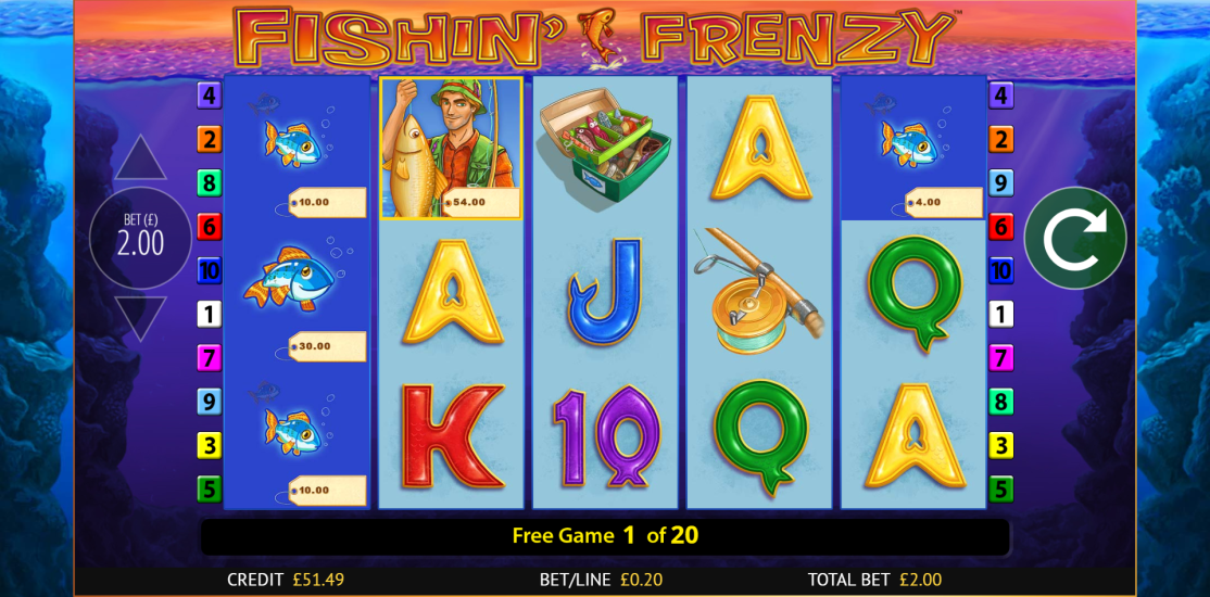 Fishin' Frenzy free spins bonus round with fish symbols carrying instant cash values