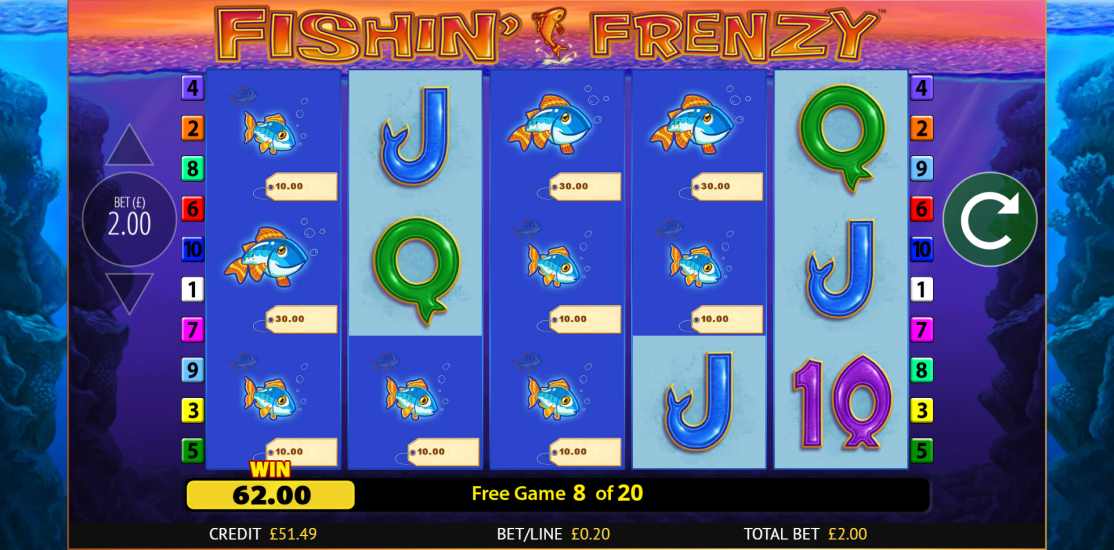 Fishin' Frenzy Fisherman Wild collecting fish symbol values during the free spins bonus