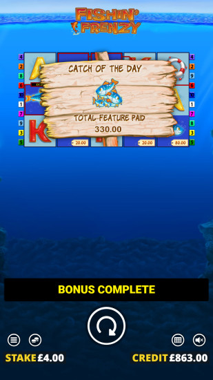 Fishin' Frenzy mobile view of the reels and seaside pier backdrop