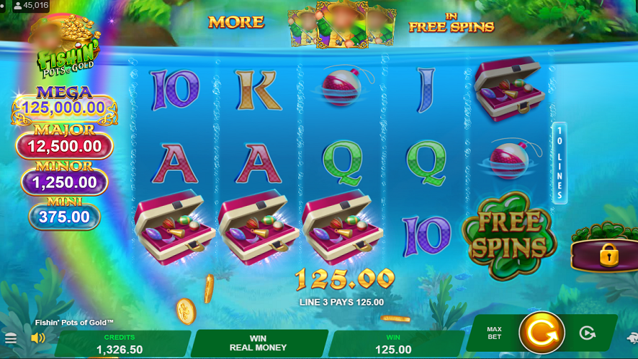Fishin Pots of Gold free spins round showing multiplier values from 2x to 10x building along the top of the reels