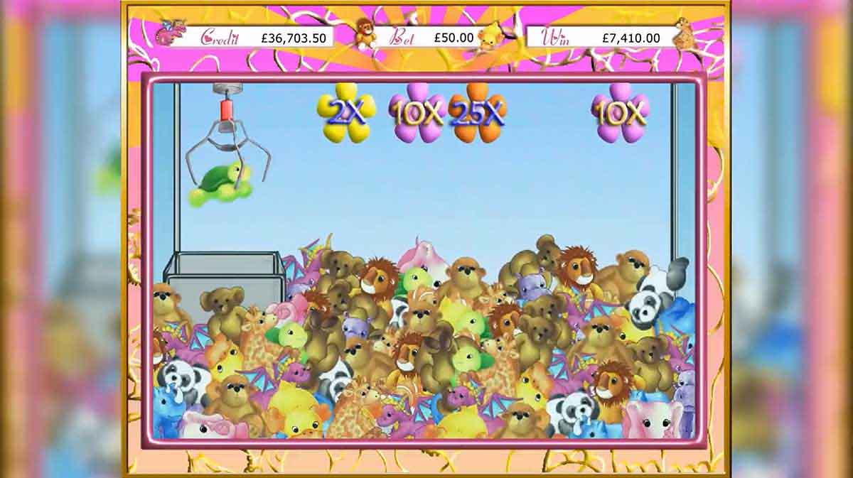 Fluffy Favourites Toybox Pick bonus showing a claw machine grabbing a green turtle plush toy above a pile of soft-toy prizes with 2x, 10x, 25x, and 10x multiplier flowers