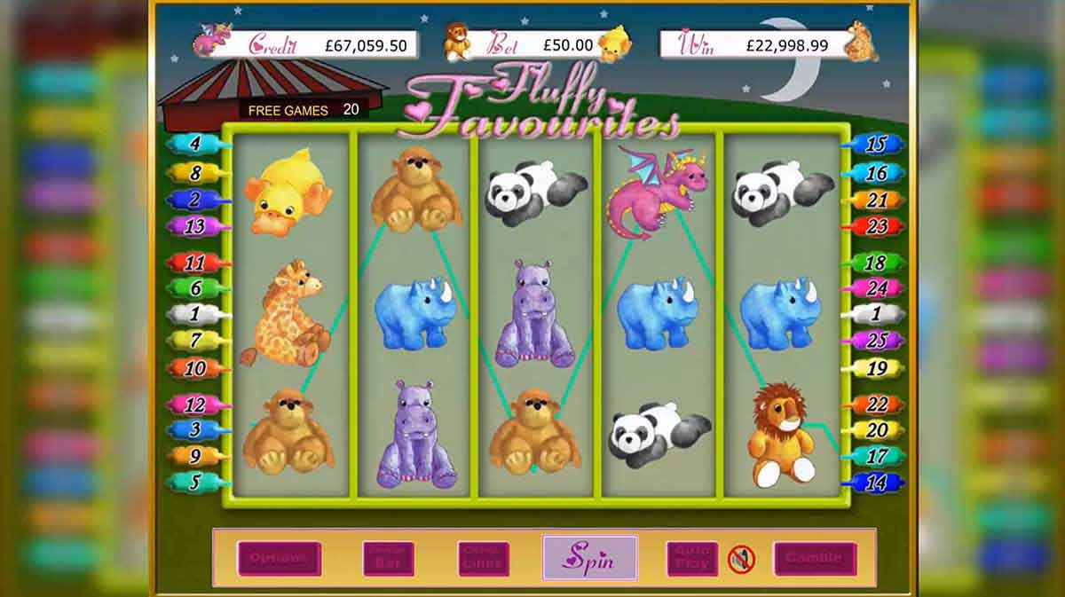 Fluffy Favourites base game reels at night showing the five-reel grid of soft-toy animal symbols during a Free Games round