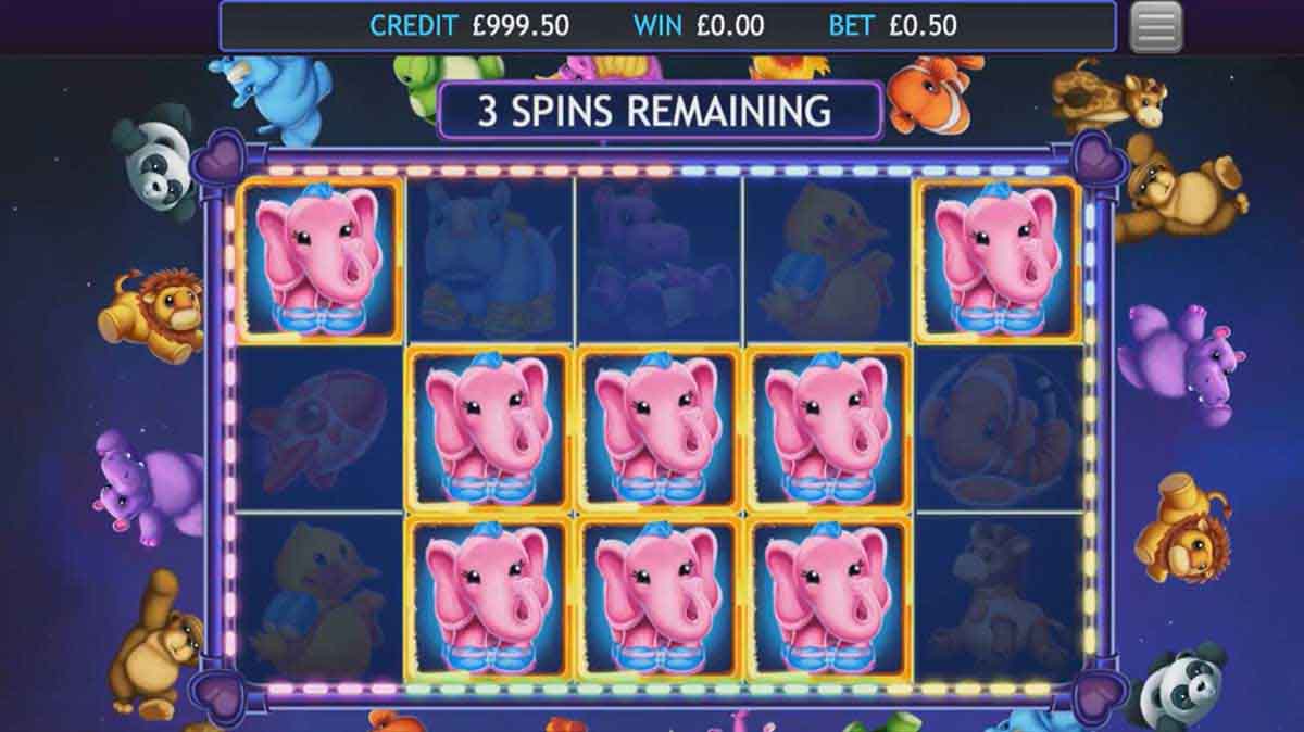 Fluffy in Space respin feature showing held Nellie symbols on a split 15-reel grid with spins remaining counter