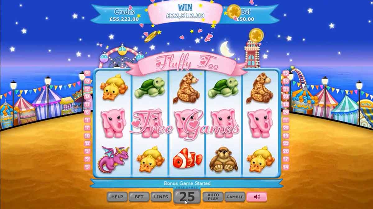Fluffy Too slot reels during the free games bonus, showing pink elephant Wild symbols and the Fluffy Too logo banner against a fairground night sky