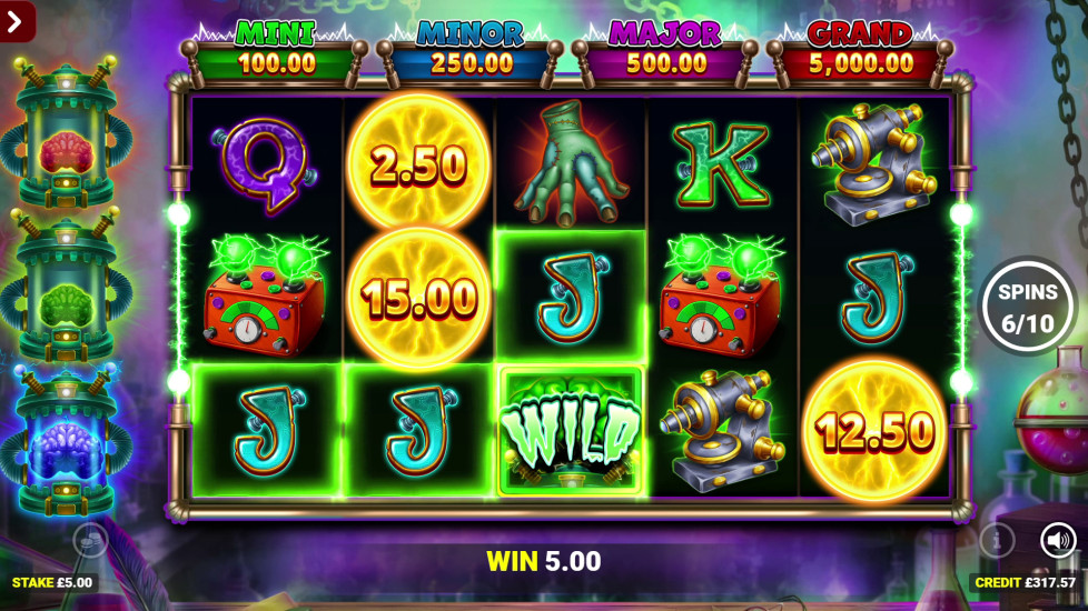Frankenstein's Fortune slot base game reels showing monster-themed symbols and cash prize icons on the grid