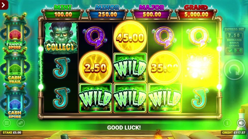 Frankenstein's Fortune slot showing Frankie triggering a random modifier during base game play