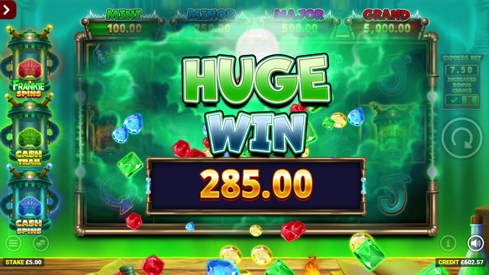 Frankenstein's Fortune slot Cash Trail feature showing the wheel spin stage leading to Frankie's Big Money