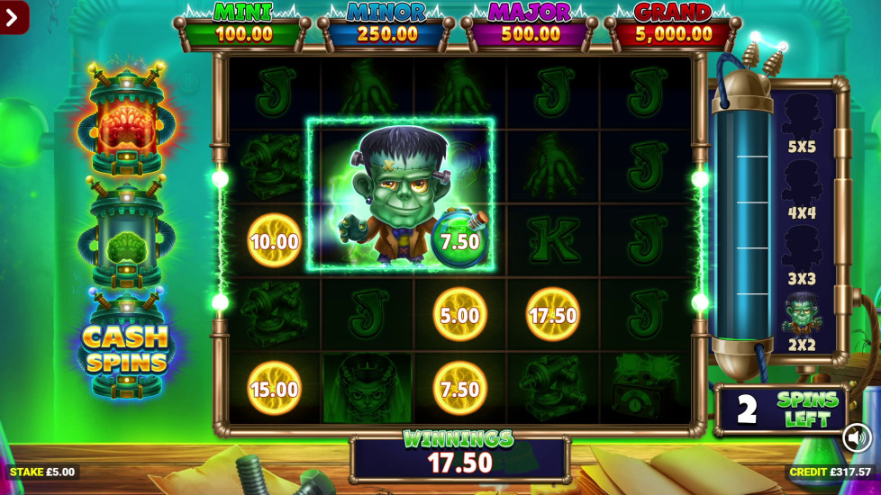 Frankenstein's Fortune slot Frankie Spins feature showing the 2x2 Special Collect Symbol in the reels